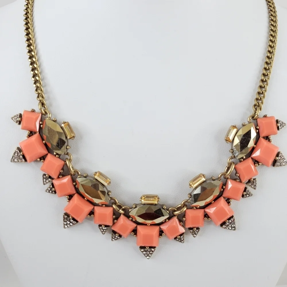 J. Crew art deco statement necklace coral orange stones + rhinestones A0301